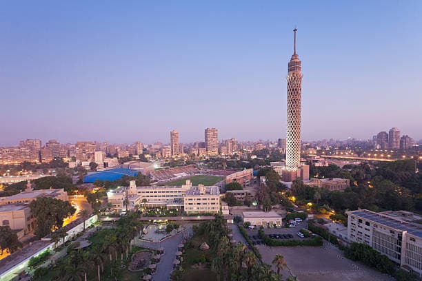 Cairo skyline at dusk, with the Cairo Tower